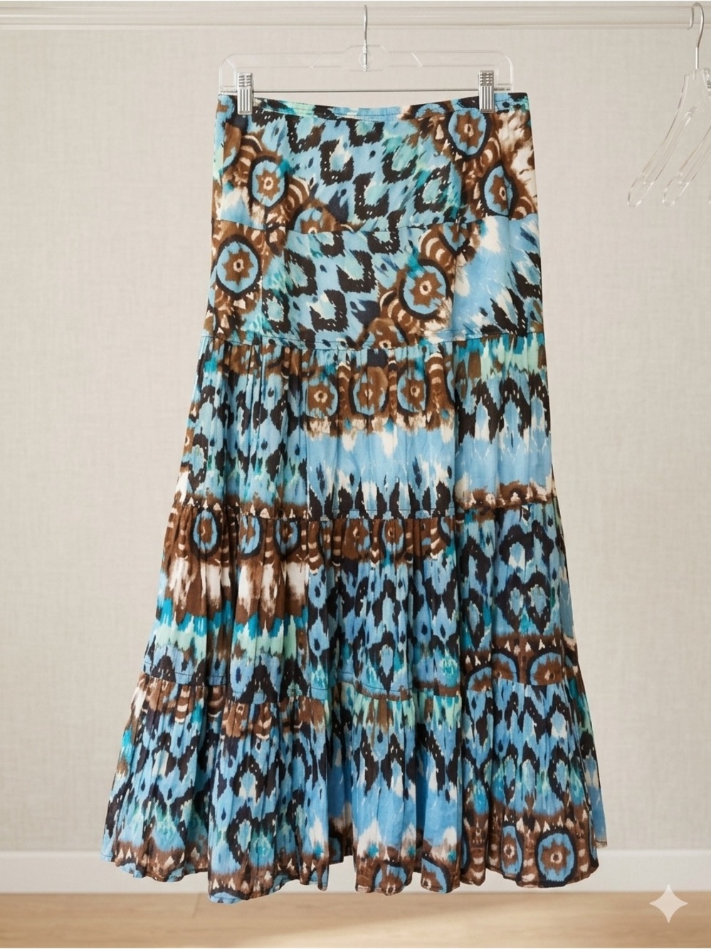 I.N. Studio Boho Ikat Tiered Maxi Skirt Blue Brown Size Large